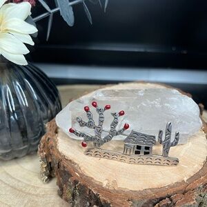 Taxco Mexico 925 SS Silver Cactus Red Gem & Abode House Brooch Pin
